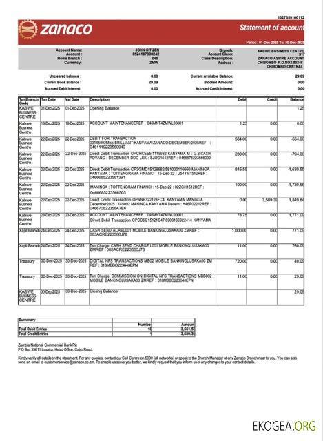 Modèle Word et PDF de relevé de compte de la Zanaco Bank de Zambie